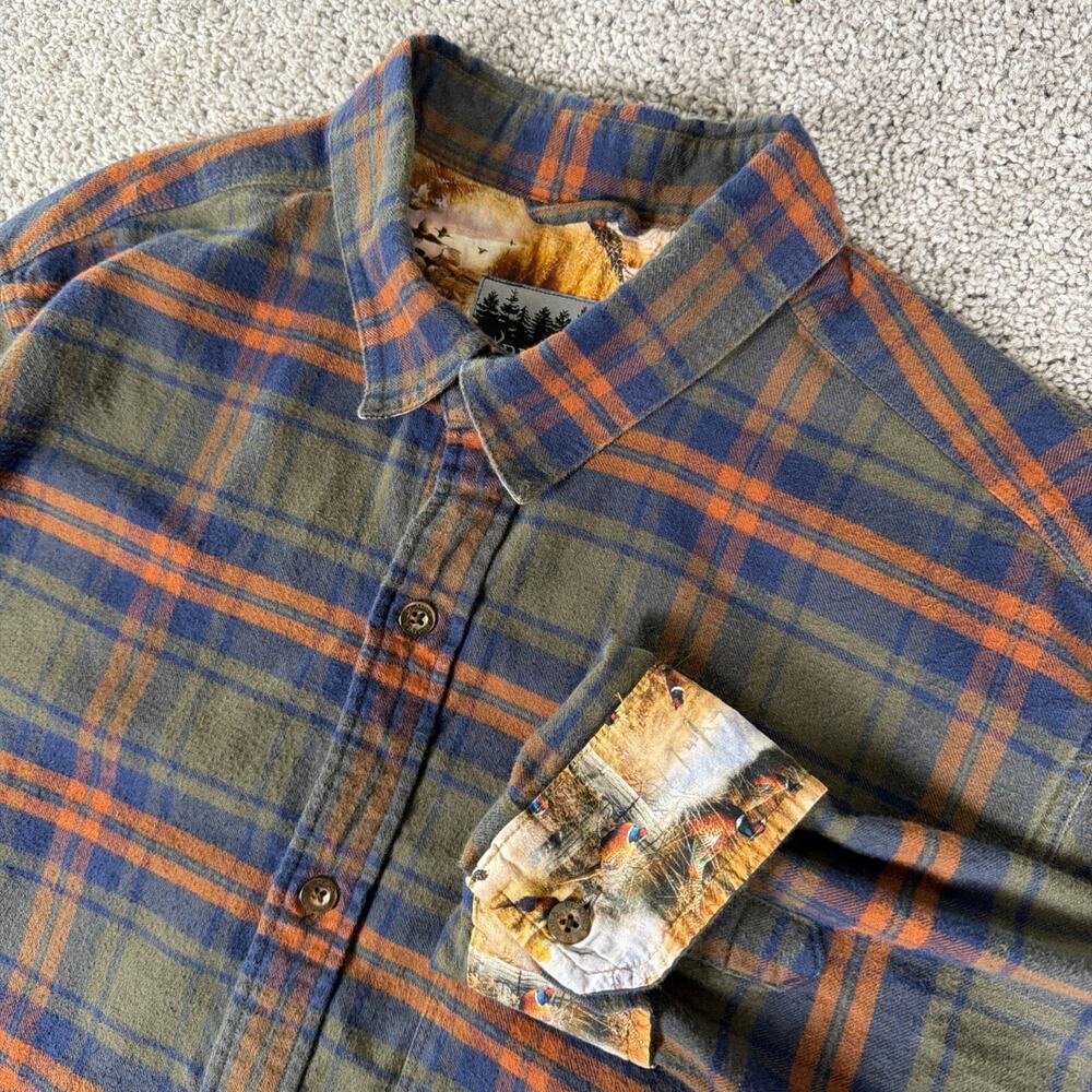 Pladra Flannel Shirt Men XL-T Water Fowl Flip Cuff / Collar Print Cotton Outdoor